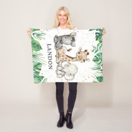 ウォーターカラーサファリアニマルズ男の赤ちゃん子供部屋 フリースブランケット