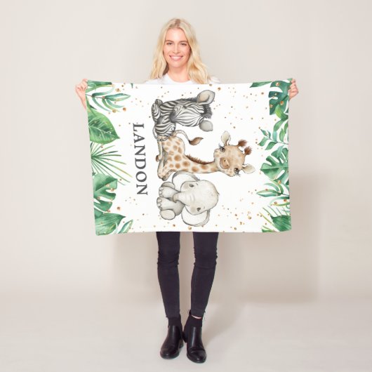 ウォーターカラーサファリアニマルズ男の赤ちゃん子供部屋 フリースブランケット (インサイチュ)