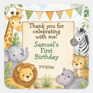 ウォーターカラーサファリアニマル 誕生日パーティーのお礼 スクエアシール