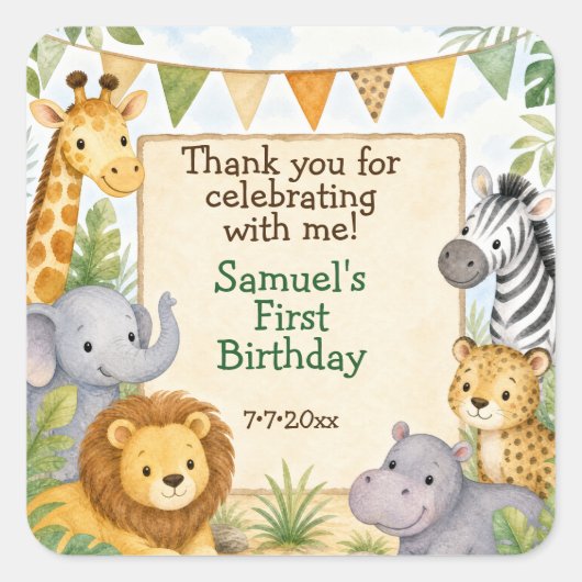 ウォーターカラーサファリアニマル 誕生日パーティーのお礼 スクエアシール (正面)