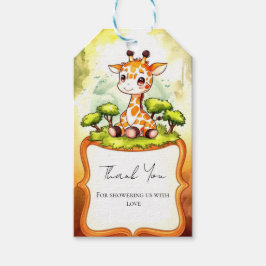 ウォーターカラーサファリキリン赤ちゃんシャワー ギフトタグ