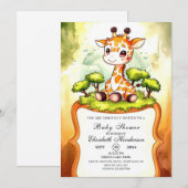 ウォーターカラーサファリキリン赤ちゃんシャワー 招待状 (正面/裏面)