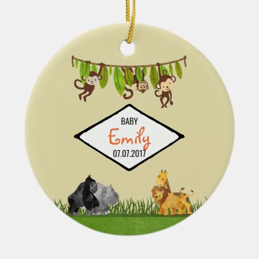ウォーターカラーサファリジャングルアニマルイラストレーションベビー セラミックオーナメント (正面)