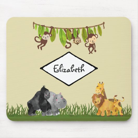 ウォーターカラーサファリジャングルアニマルイラストレーション マウスパッド (正面)