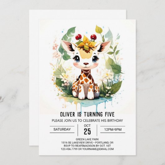 ウォーターカラーサファリジャーニーキリン誕生日 招待状 (正面/裏面)