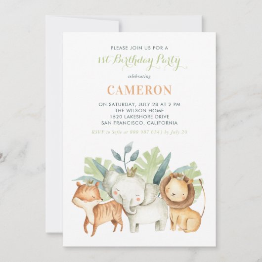 ウォーターカラーサファリフレンズ子供の誕生日パーティー 招待状 (正面)