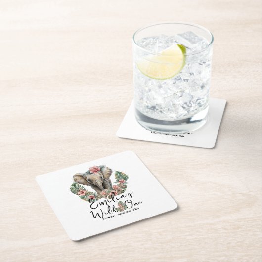 ウォーターカラーサファリワイルドワンベビーゾウ誕生日 スクエアペーパーコースター (インサイチュ)