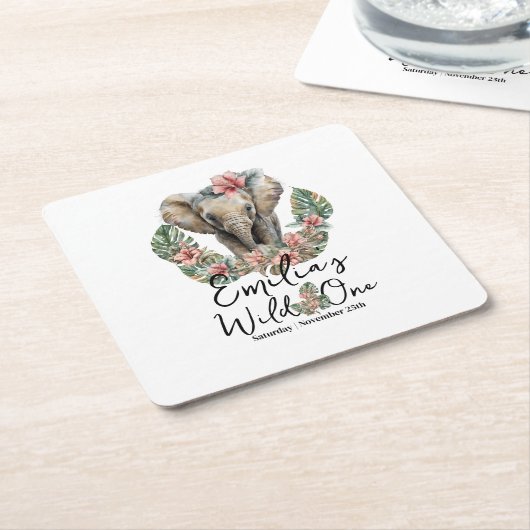 ウォーターカラーサファリワイルドワンベビーゾウ誕生日 スクエアペーパーコースター (アングル)