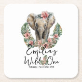 ウォーターカラーサファリワイルドワンベビーゾウ誕生日 スクエアペーパーコースター (正面)