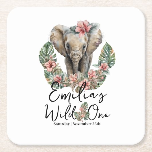 ウォーターカラーサファリワイルドワンベビーゾウ誕生日 スクエアペーパーコースター (正面)