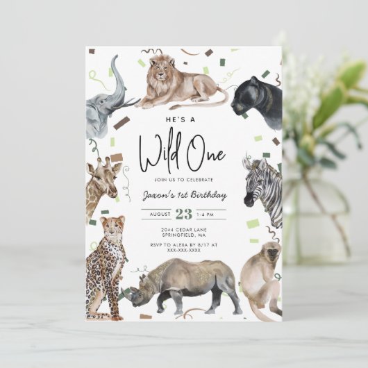 ウォーターカラーサファリワイルドワン誕生日招待状 招待状 (スタンド正面)