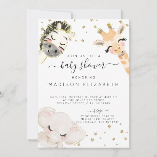 ウォーターカラーサファリ動物ベビーシャワー招待状 案内状 (正面)