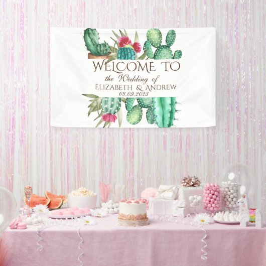 ウォーターカラーサボテンの結婚式 横断幕 (パーティー)