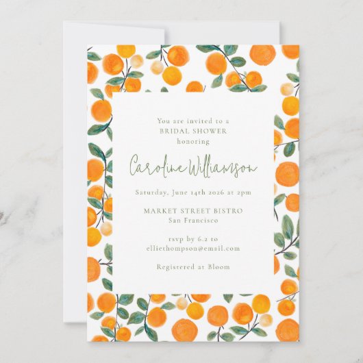 ウォーターカラーサマーオレンジフルーツブライダルシャワー 招待状 (正面)
