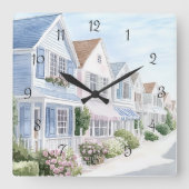 ウォーターカラーサマーパステルコースタルコテージ スクエア壁時計 (正面)