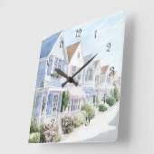ウォーターカラーサマーパステルコースタルコテージ スクエア壁時計 (傾斜)