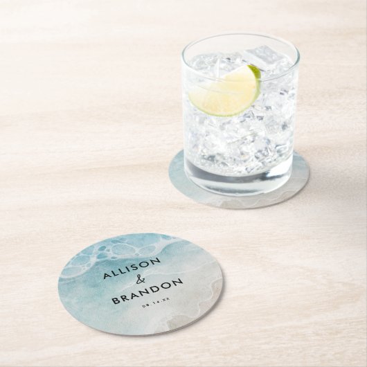 ウォーターカラーサマービーチ結婚式 ラウンドペーパーコースター (インサイチュ)