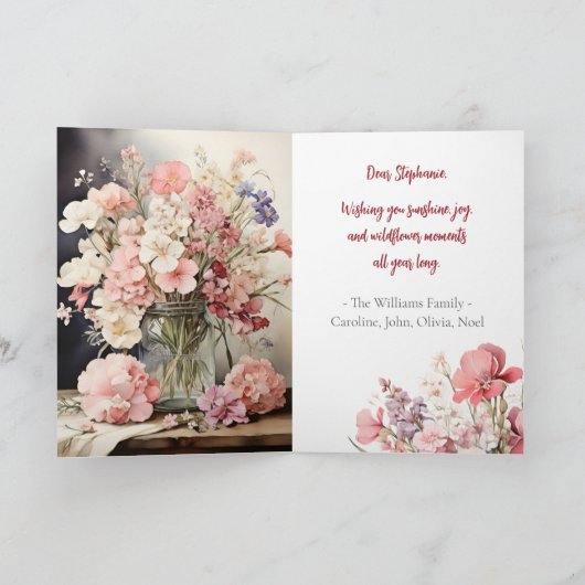 ウォーターカラーサマーピンクブーケ誕生日 カード (内部)