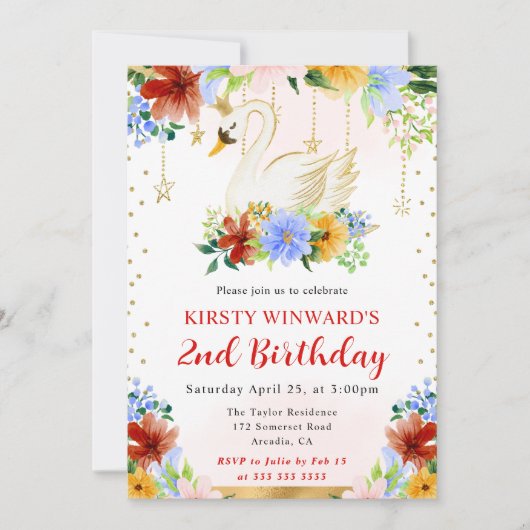 ウォーターカラーサマーフラワーズスワン誕生日 招待状 (正面)
