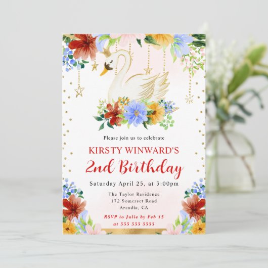 ウォーターカラーサマーフラワーズスワン誕生日 招待状 (スタンド正面)