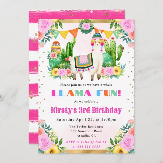 ウォーターカラーサマーフローララマ子供の誕生日 招待状 (正面/裏面)