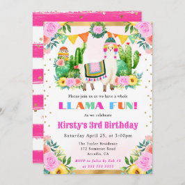 ウォーターカラーサマーフローララマ子供の誕生日 招待状