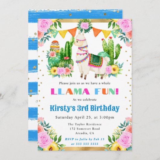 ウォーターカラーサマーフローララマ子供の誕生日 招待状 (正面/裏面)