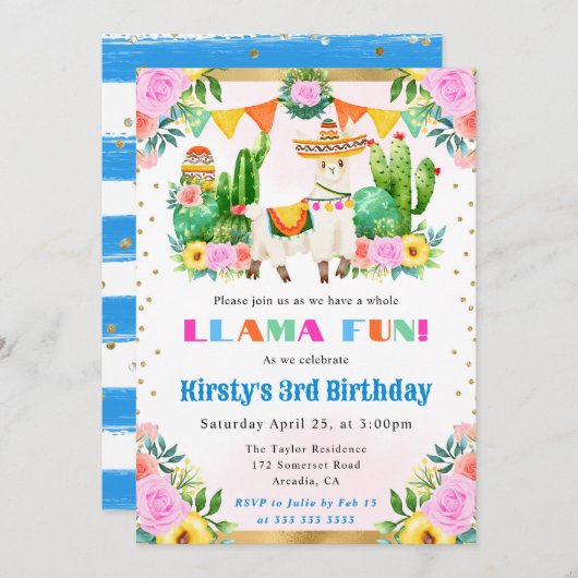 ウォーターカラーサマーフローララマ子供の誕生日 招待状 (正面/裏面)