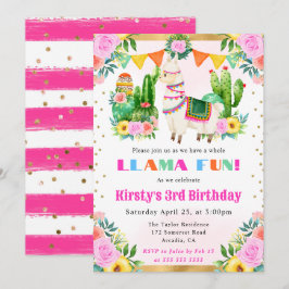 ウォーターカラーサマーフローララマ子供の誕生日 招待状