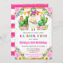 ウォーターカラーサマーフローララマ子供の誕生日 招待状