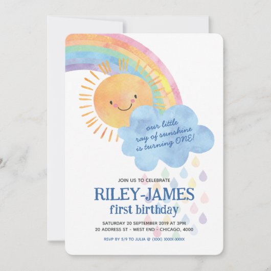 ウォーターカラーサンシャインアンドレインボー誕生日 招待状 (正面)