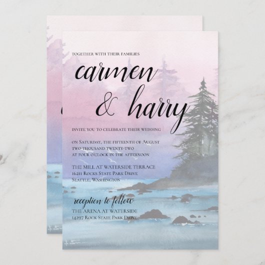 ウォーターカラーサンセットレイク結婚式招待状 招待状 (正面/裏面)