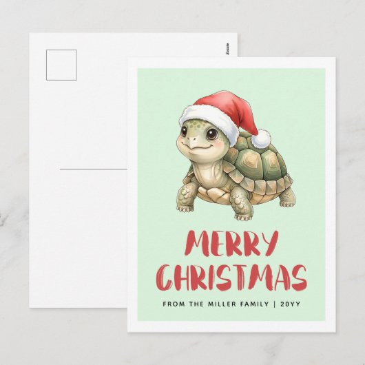 ウォーターカラーサンタ帽のカメのクリスマスグッズ シーズンポストカード (正面/裏面)