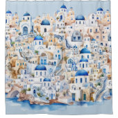 ウォーターカラーサントリーニギリシャモダンバケーション シャワーカーテン (正面)