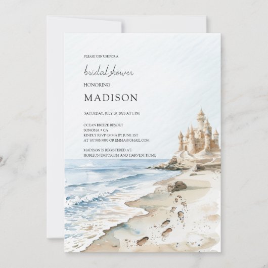 ウォーターカラーサンドキャッスルビーチブライダルシャワー 招待状 (正面)