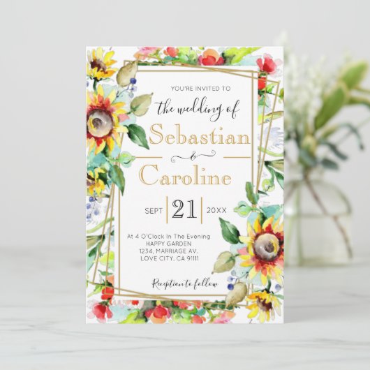 ウォーターカラーサンフラワーズゴールデン結婚式招待状 (スタンド正面)