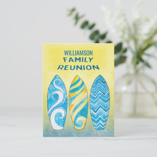 ウォーターカラーサーフボードファミリー懇親会ビーチピクニック ポストカード (スタンド正面)