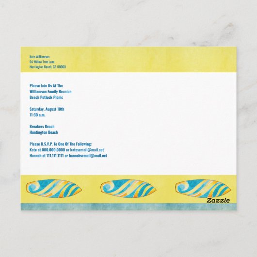 ウォーターカラーサーフボードファミリー懇親会ビーチピクニック ポストカード (裏面)