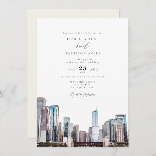 ウォーターカラーシカゴスカイライン結婚式招待状 招待状 (正面/裏面)