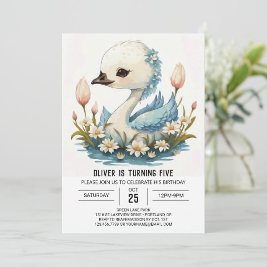 ウォーターカラーシグニャススワン誕生日 招待状 (スタンド正面)