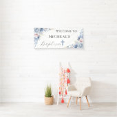 ウォーターカラーシックほこりっぽいブルーフローラ男の赤ちゃんバプテスマ 横断幕 (インサイチュ)