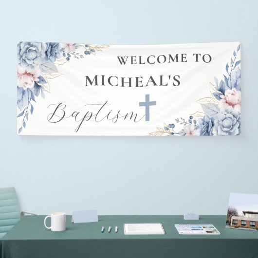 ウォーターカラーシックほこりっぽいブルーフローラ男の赤ちゃんバプテスマ 横断幕 (トレードショー)