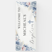 ウォーターカラーシックほこりっぽいブルーフローラ男の赤ちゃんバプテスマ 横断幕 (縦)