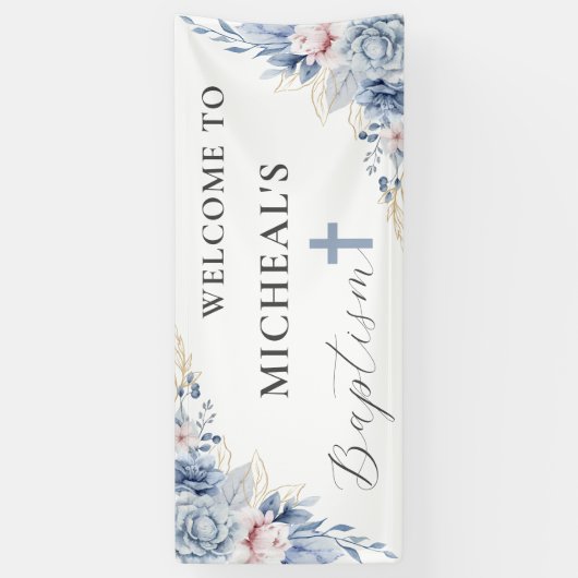 ウォーターカラーシックほこりっぽいブルーフローラ男の赤ちゃんバプテスマ 横断幕 (縦)