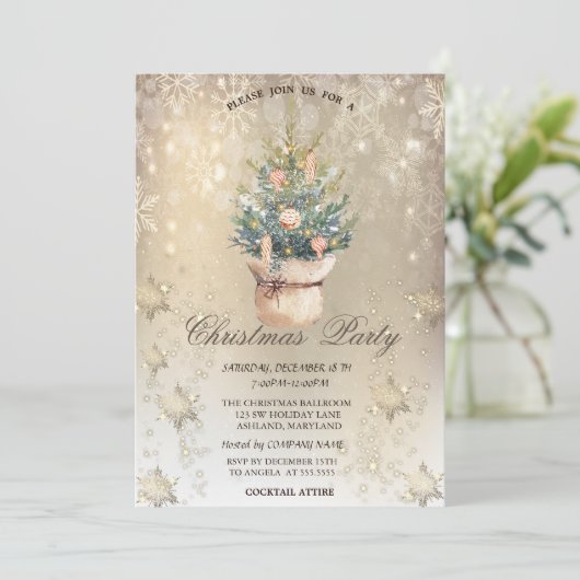 ウォーターカラーシックパインツリースノーフレーク金ゴールド 招待状 (スタンド正面)