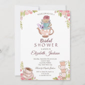ウォーターカラーシックフラワーズティーポットブライダルシャワー 招待状 (正面)