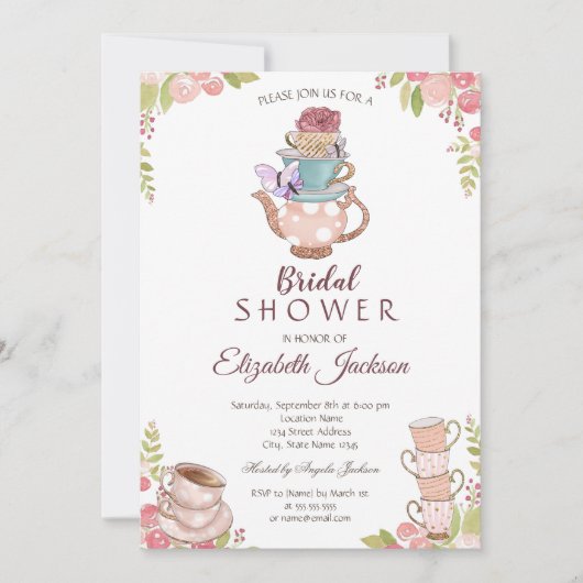 ウォーターカラーシックフラワーズティーポットブライダルシャワー 招待状 (正面)