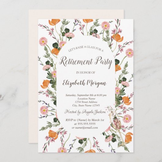 ウォーターカラーシックメドウシャンパングラスリタイアメント 招待状 (正面/裏面)