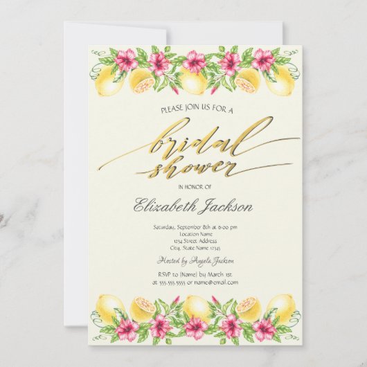 ウォーターカラーシトラスレモン黄ブライダルシャワー 招待状 (正面)