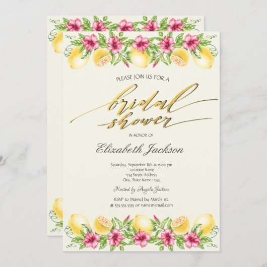 ウォーターカラーシトラスレモン黄ブライダルシャワー 招待状 (正面/裏面)